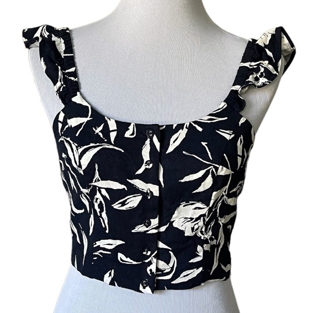 JOA linen navy and white cropped top blouse fully lined Size Large